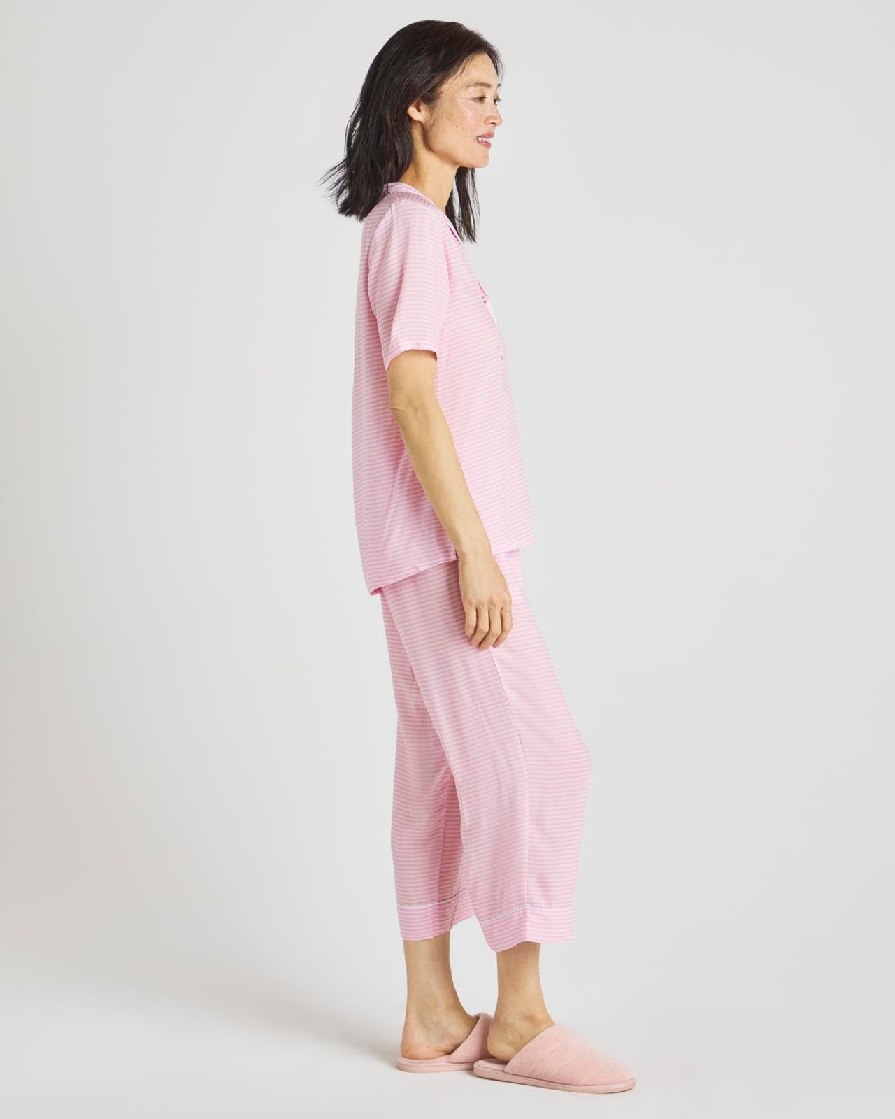 Pink Feeder Stripe Notch Top & Crop Pant PJ Set color Pink Feeder Stripe