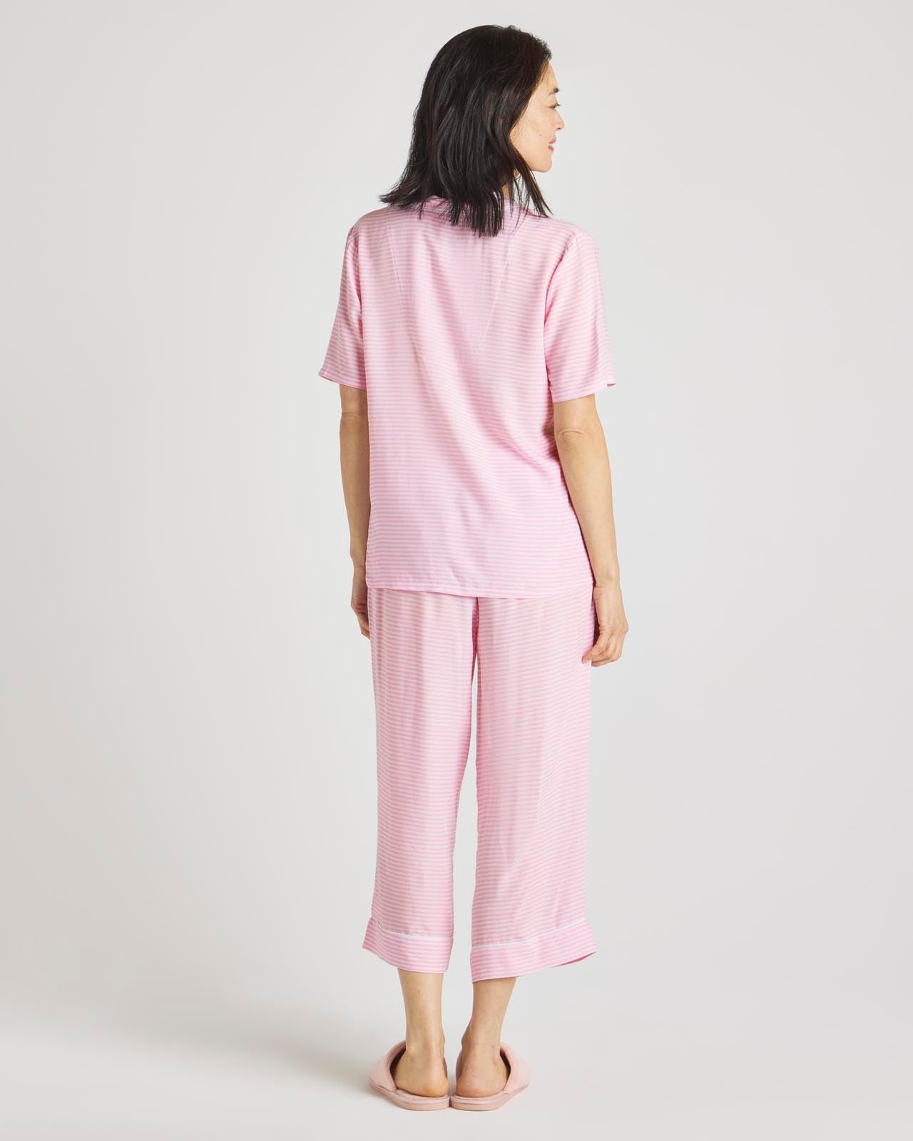 Pink Feeder Stripe Notch Top & Crop Pant PJ Set color Pink Feeder Stripe