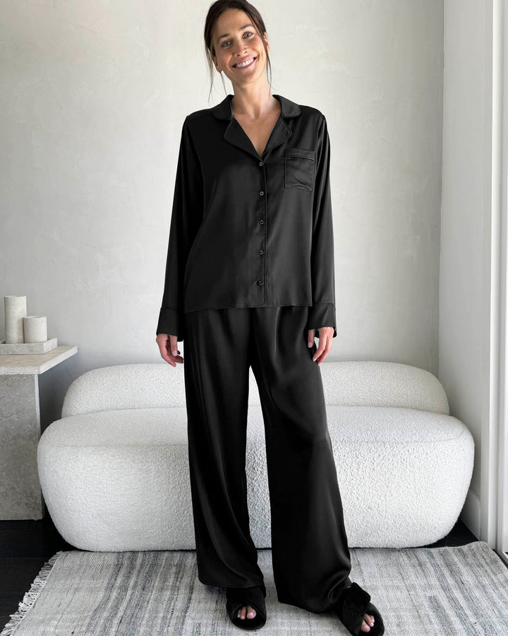 Satin Pajamas Set Silk Pajama Top Black Satin Silk PJ Set Splendid