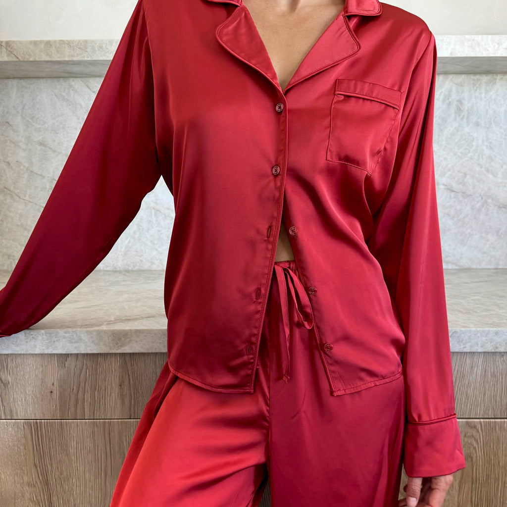Red Satin Silk PJ Set