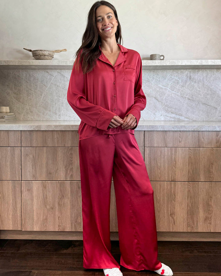 Pajama Sets Red Silk Pjs Womens ADR Long Sleeve Satin Pajama Set