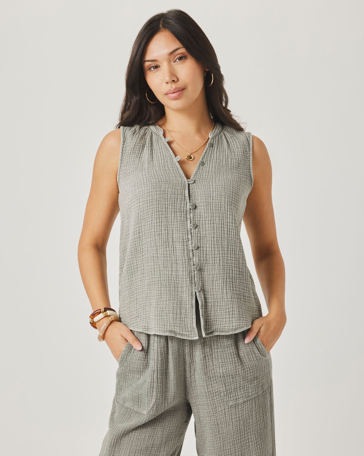 Ava Gauze Button Tank