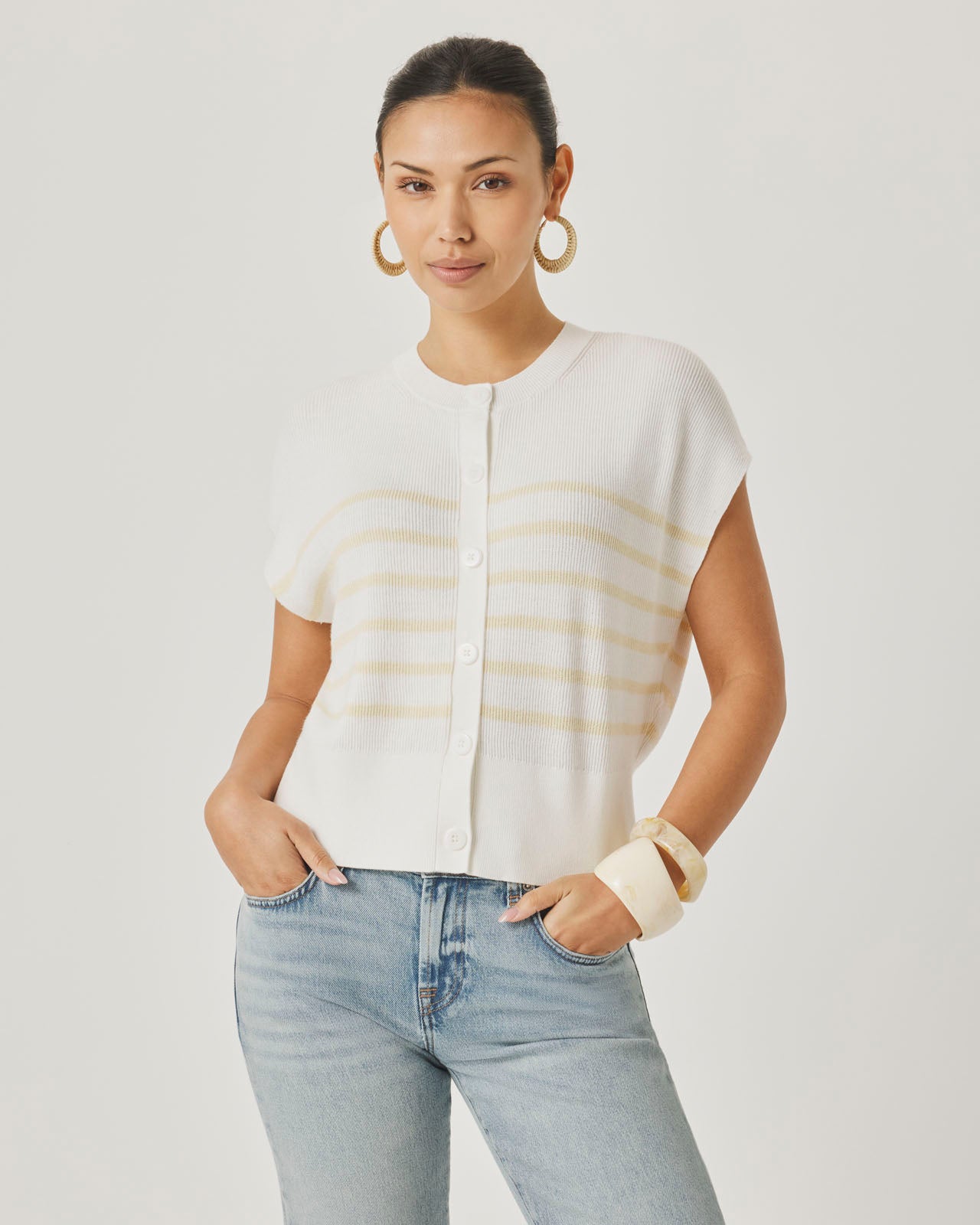 Splendid x @Cellajaneblog Sleeveless Striped Cardi in White