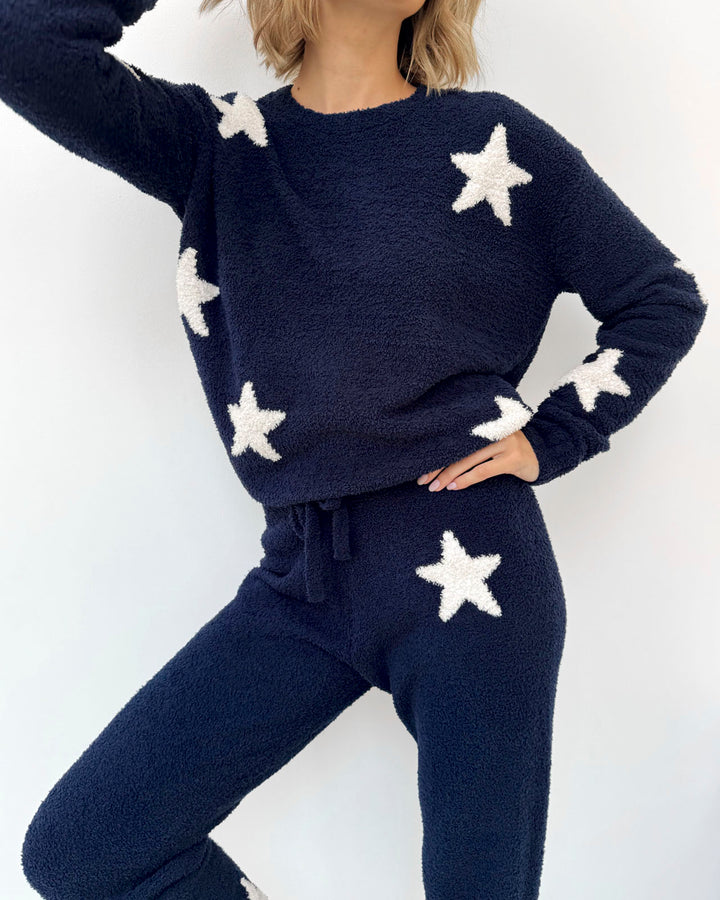 Navy Oat Stars Fuzzy Sweater PJ Set