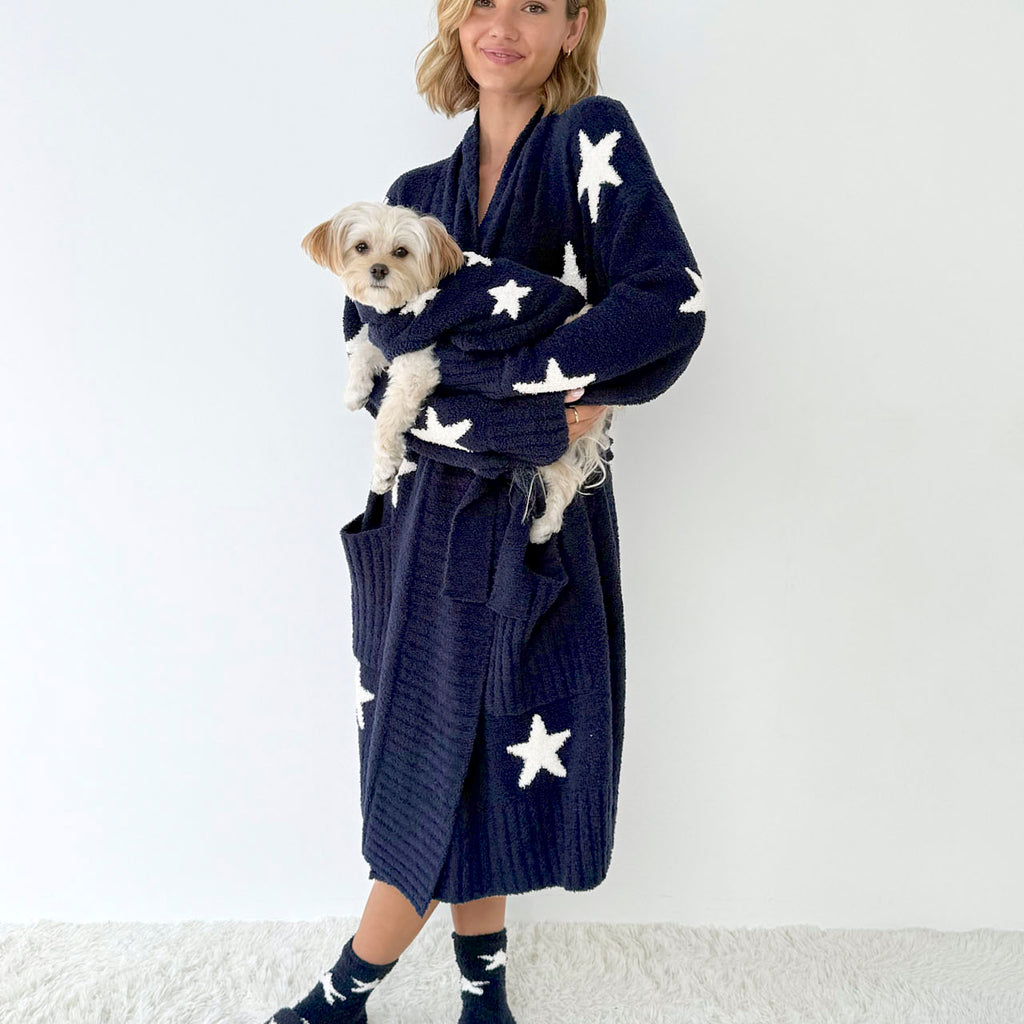 blue star dressing gown Night Stardust Borg Fleece Mens Bathrobe, Wizard Robe Blue with Yellow Stars Sherpa Cozy Warm Long Bath House Coat Loungewear