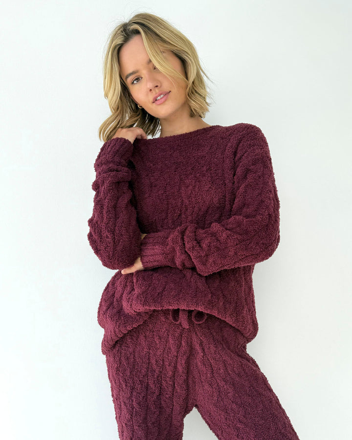 Merlot Fuzzy Cable Knit Sweater PJ Set