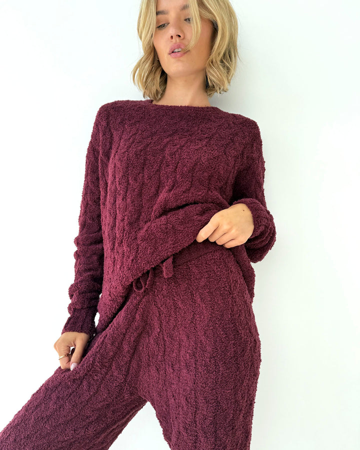 Merlot Fuzzy Cable Knit Sweater PJ Set