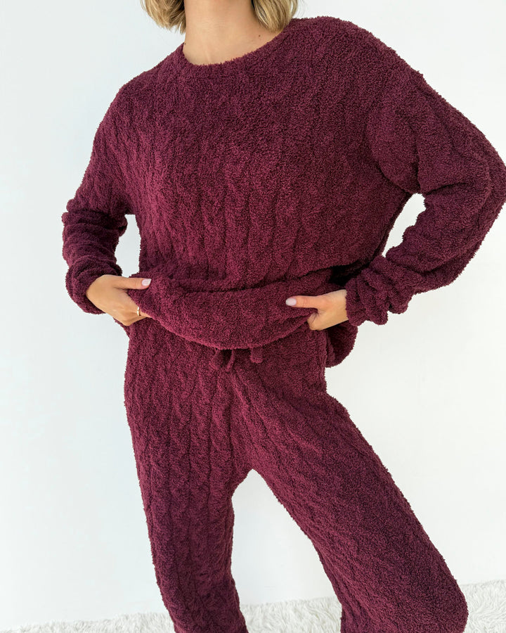 Merlot Fuzzy Cable Knit Sweater PJ Set