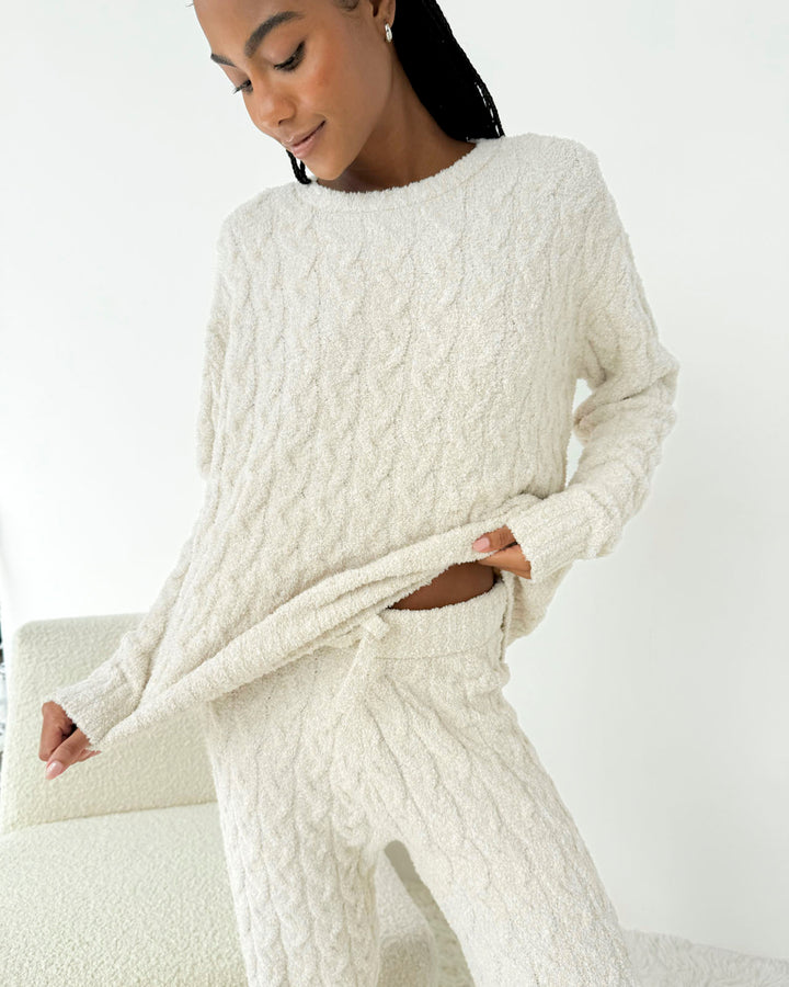 Oat Heather Fuzzy Cable Knit Sweater PJ Set