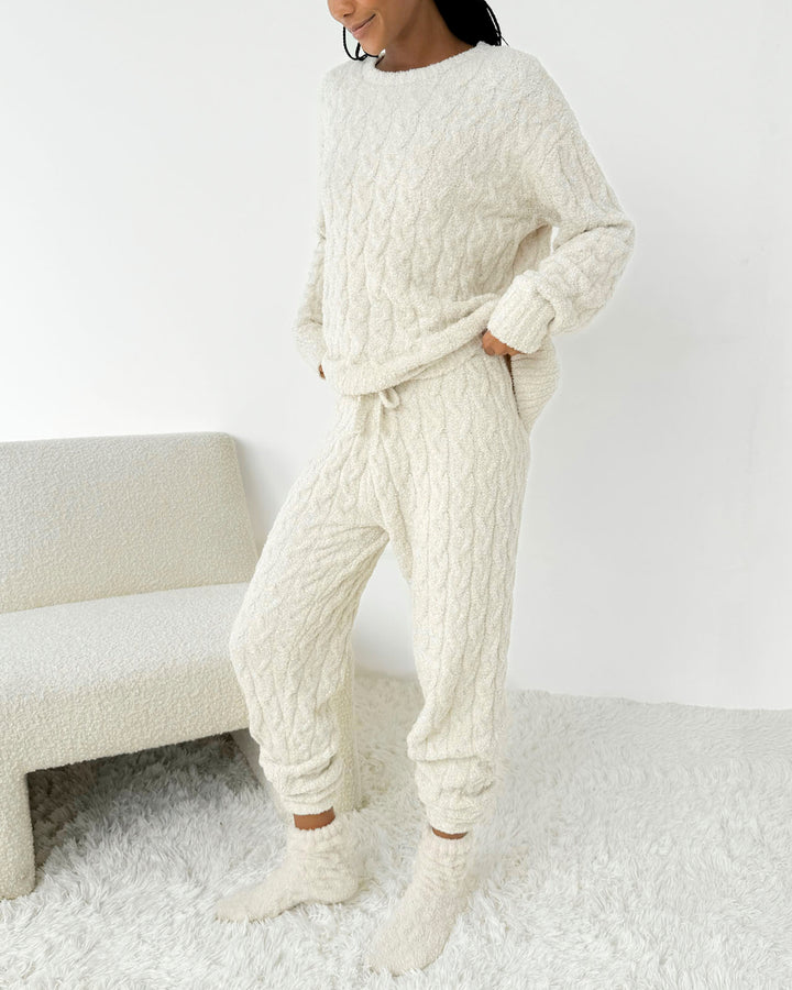 Oat Heather Fuzzy Cable Knit Sweater PJ Set