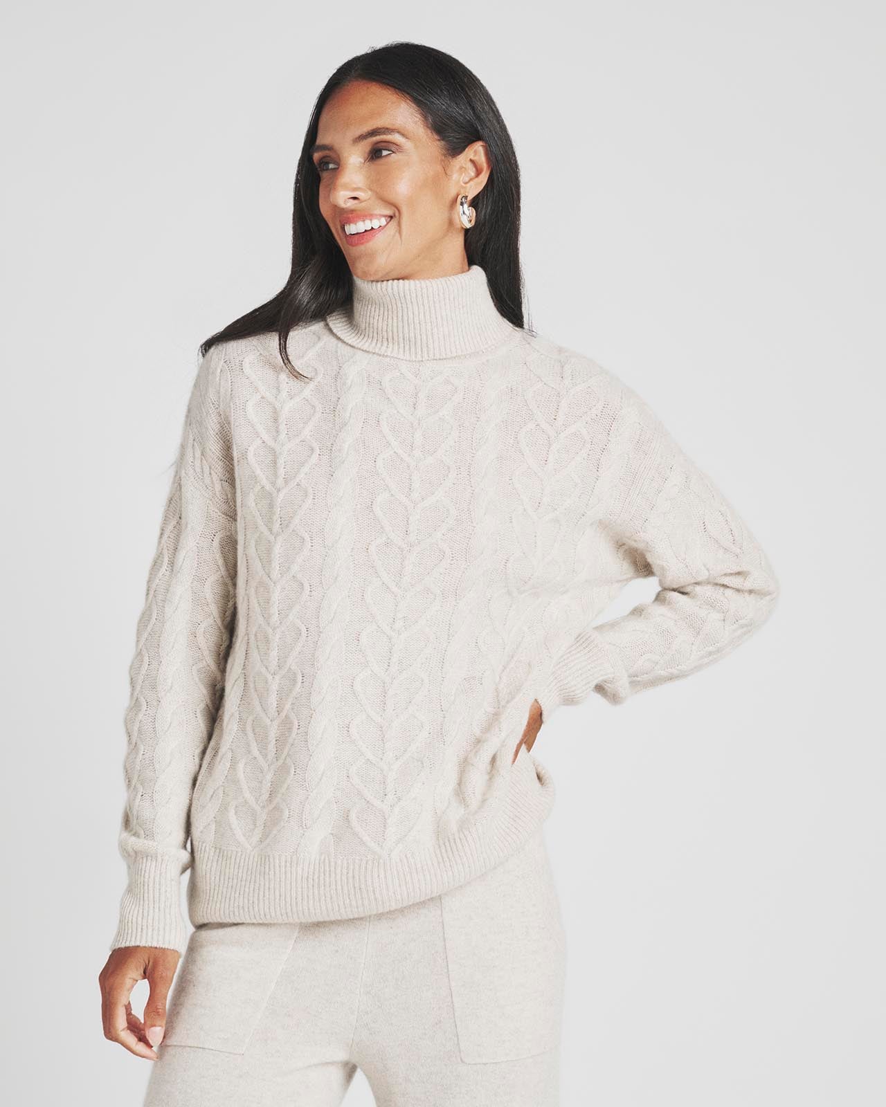 White Cable Knit Turtleneck Women's Polo Turtleneck Sweater