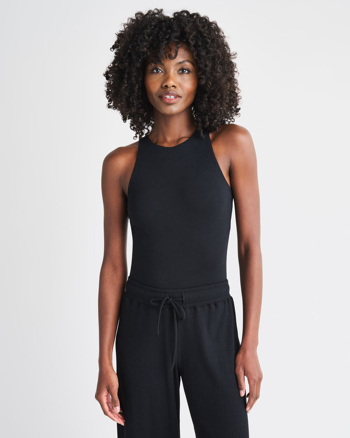 Women's Black Short Sleeve Rib Jersey V Neck Bodysuit