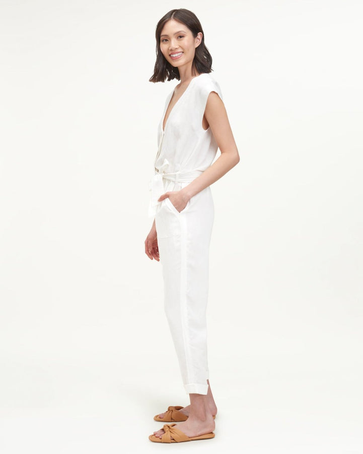 White Linen Look Drape Jumpsuit